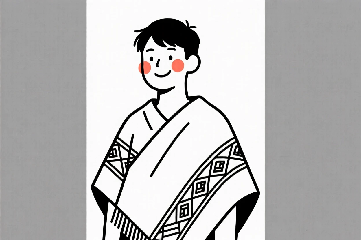 A young man wearing a Peruvian woven poncho, beaming with pride.