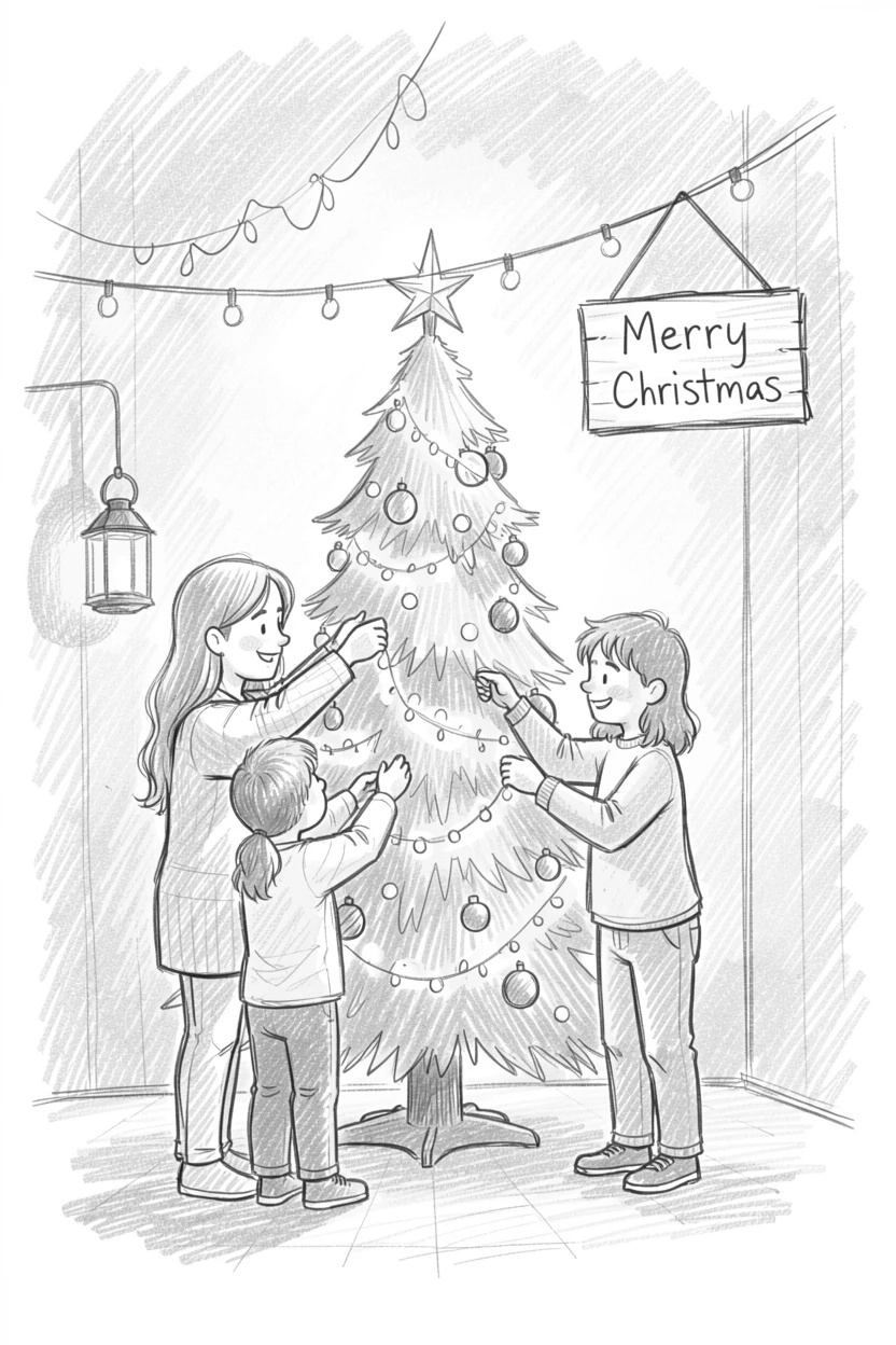A festive scene of a family decorating a Christmas tree together in a warmly lit backyard, with festive colors filling the frame.