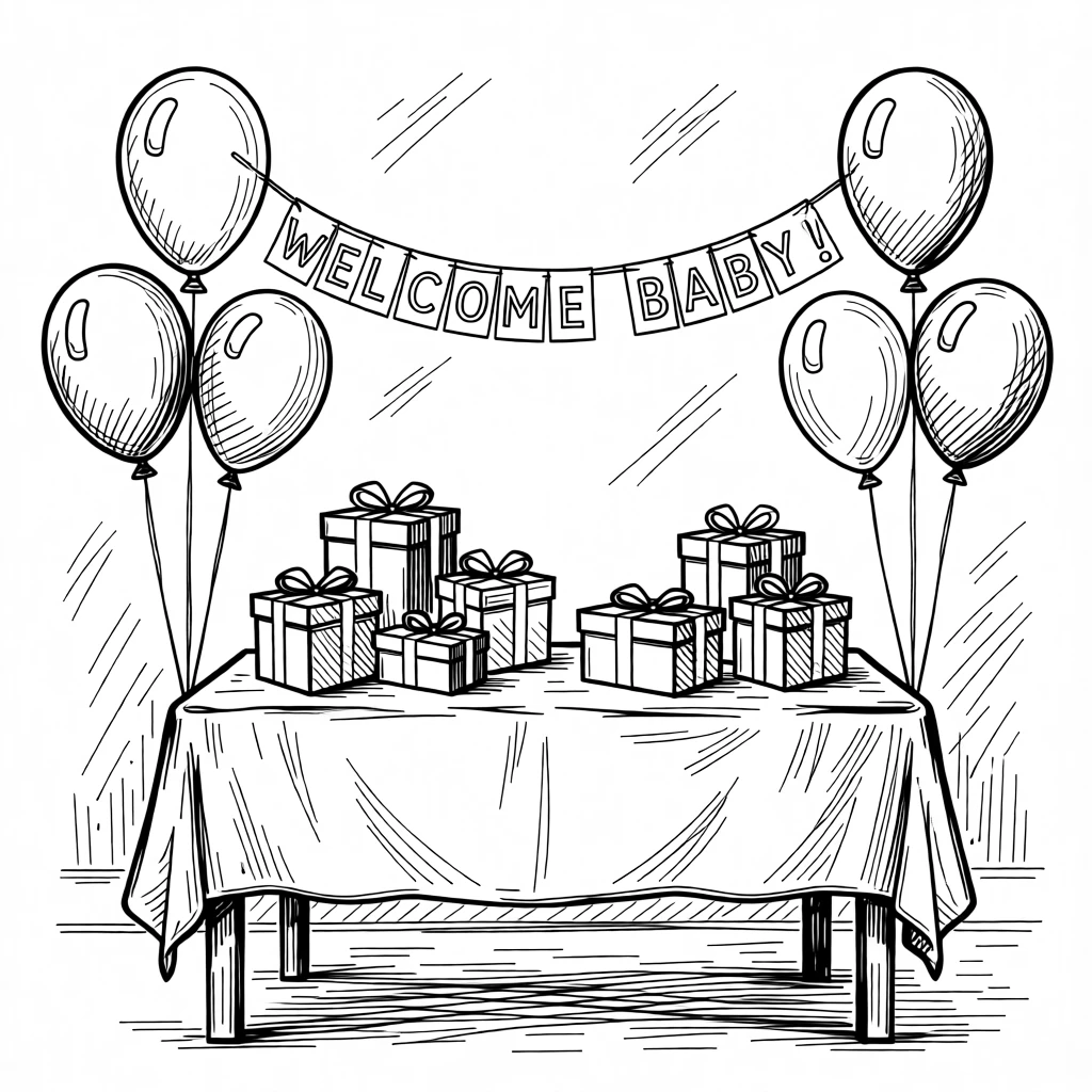 A joyful baby shower celebration with balloons and gifts arranged on a table.