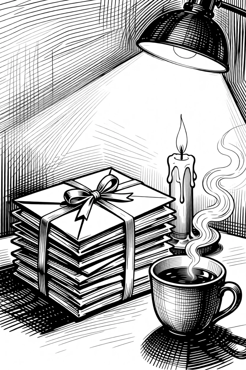 A stack of letters tied with ribbon beside a candle beneath the glow of a single warm lamp, with the gentle curl of steam from a warm drink, evoking a calm and restorative sense of calm.