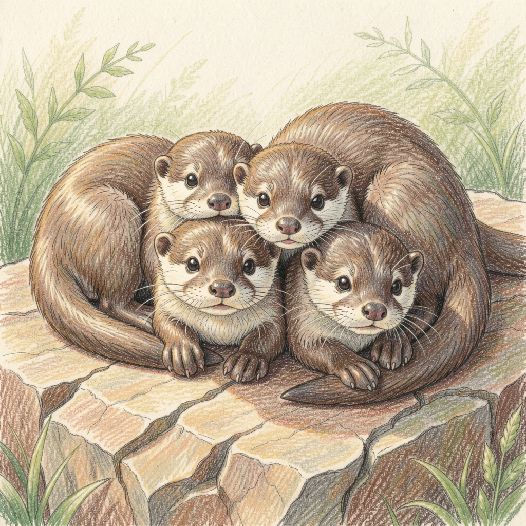 A family of otters resting together on a sun-warmed rock, captured in a quiet, intimate moment full of atmosphere, evoking nostalgia and a deep sense of contentment.
