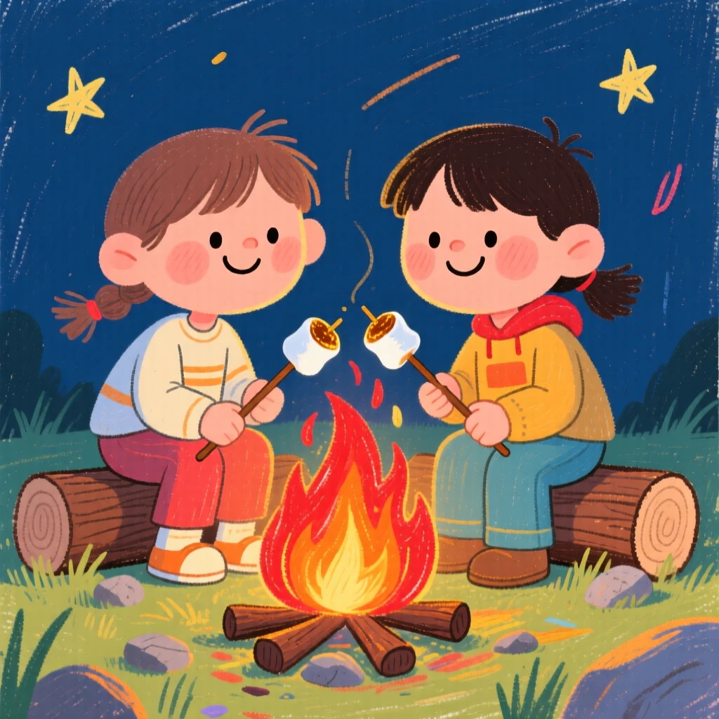 Two best friends roasting marshmallows over a glowing campfire.