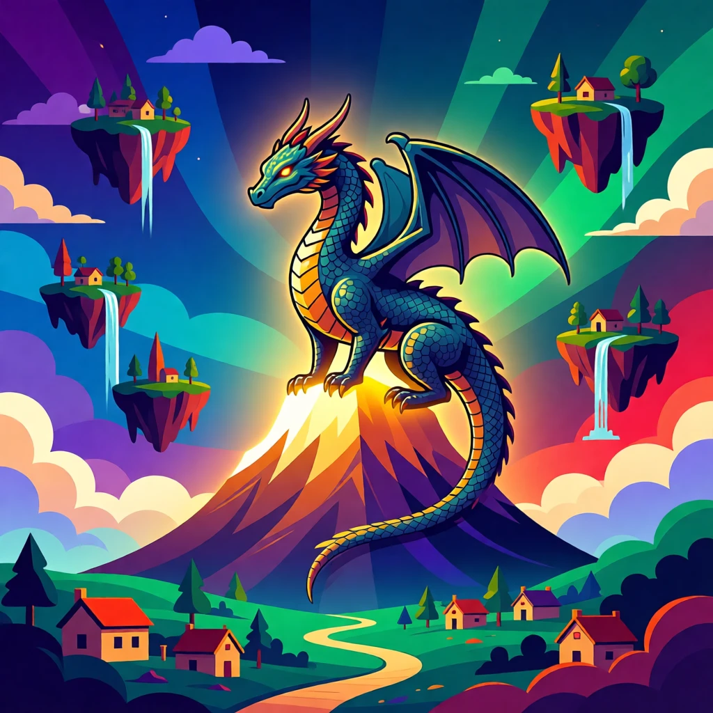 A dragon watching over a village from atop a glowing mountain peak, set within a dreamlike sky filled with floating islands, framed with a grand, sweeping sense of wonder and scale, with rich jewel tones that evoke wonder and imagination.