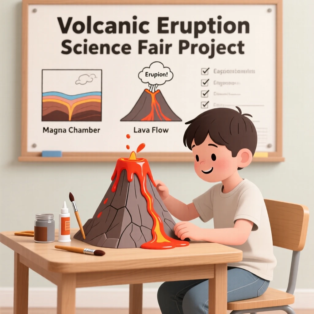 A child building a model volcano for a school science fair.