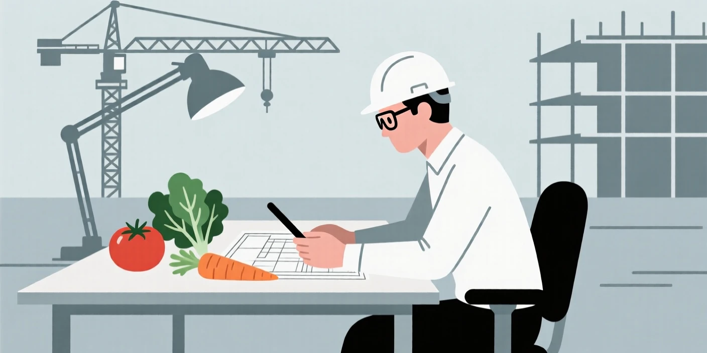 A focused engineer at a workstation working at a construction site, surrounded by fresh ingredients, expressing focused determination.