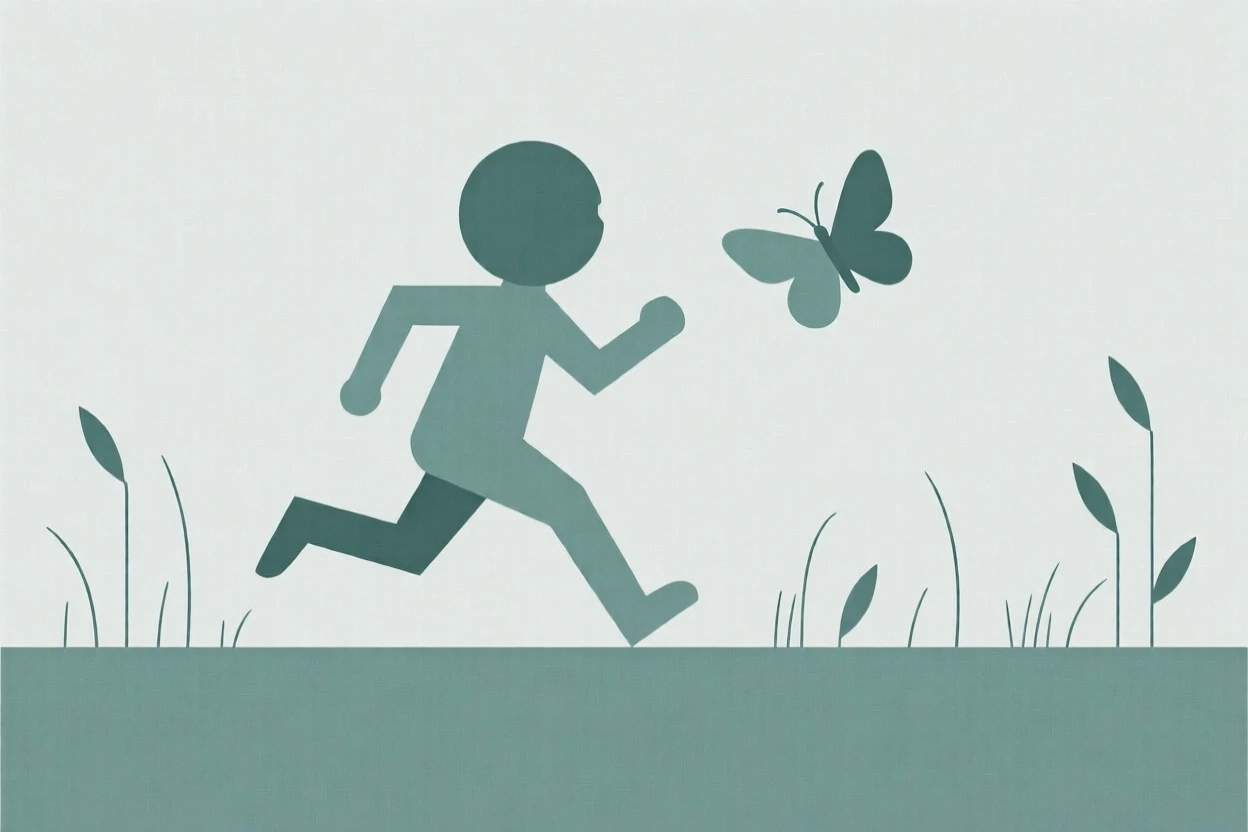 A child chasing a butterfly in a meadow