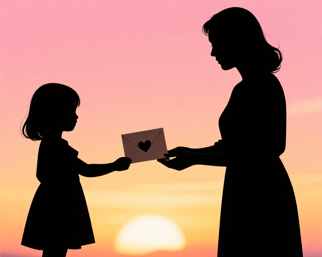 A young girl presenting a handmade card to her beaming mother.