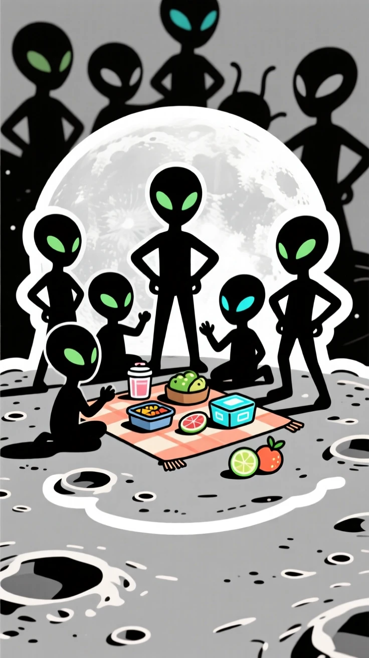 A bold and heroic group of tiny aliens having a picnic on the moon, striking a confident heroic pose, as part of a fun original story.