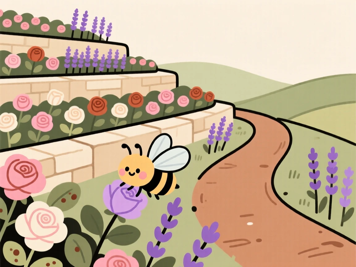 A winding path leads through a terraced hillside garden bursting with roses and lavender, where a honeybee pauses among the blooms.
