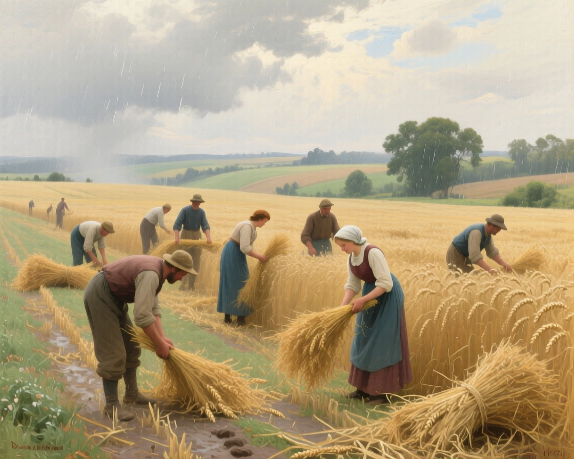 A grand panoramic scene of farmers gathering golden wheat sheaves under a late summer sky, in the 1890s, during a gentle spring shower.