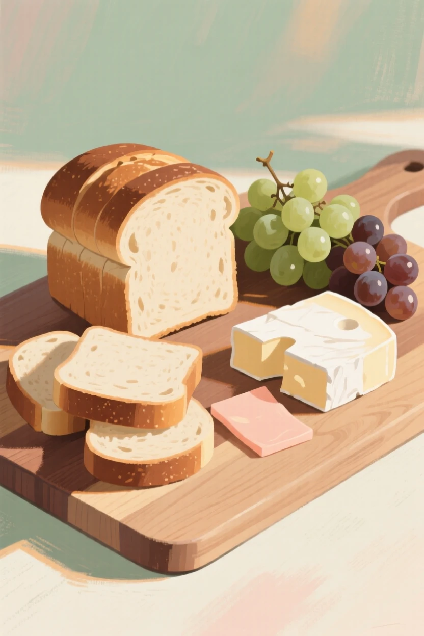 A wooden cutting board with sliced bread, cheese, and grapes