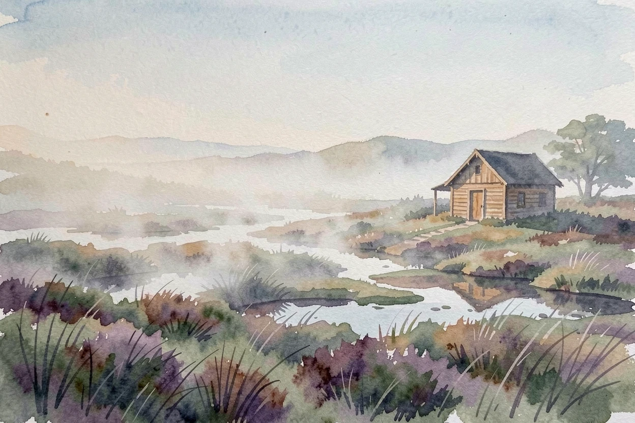 A foggy moorland with morning mist rising with a small wooden cabin at the edge.