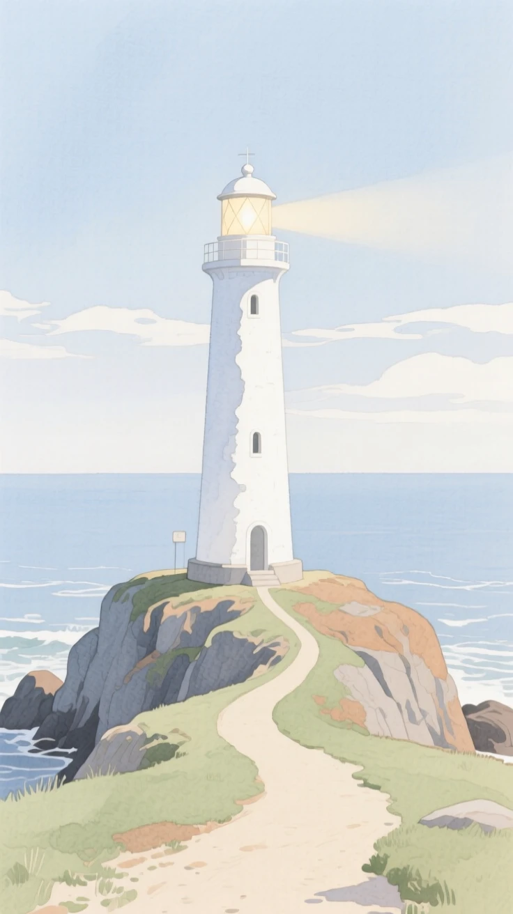 A serene view of a solitary lighthouse point, with a single path leading into the distance, evoking calm and quiet reflection