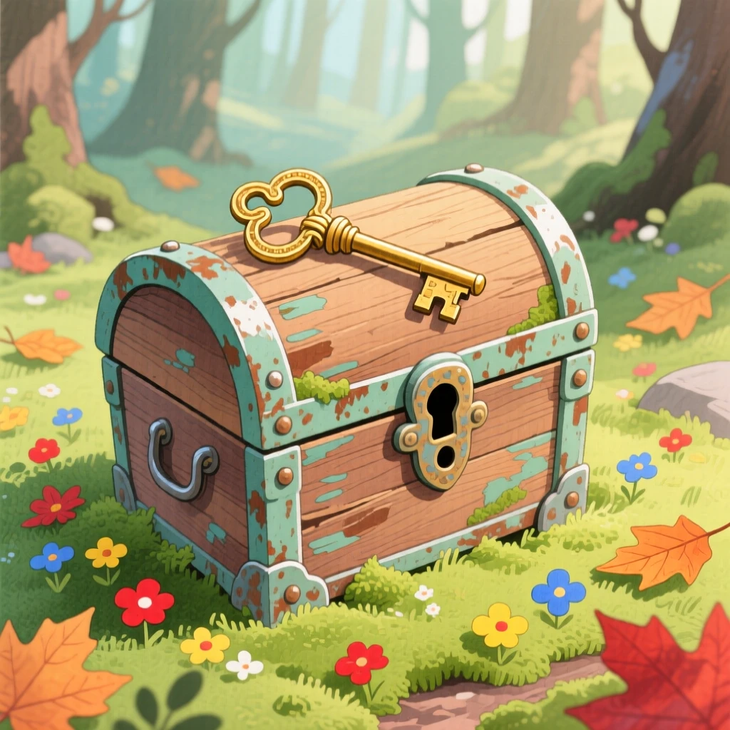 An adventurous scene of a hidden key resting atop an old weathered chest.