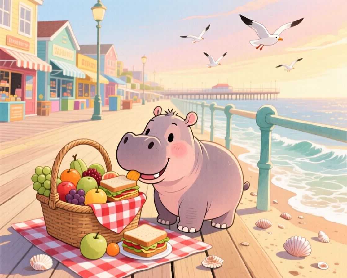 A baby hippo poking its nose into a picnic basket, set in a seaside boardwalk at golden hour, brimming with cozy comfort.