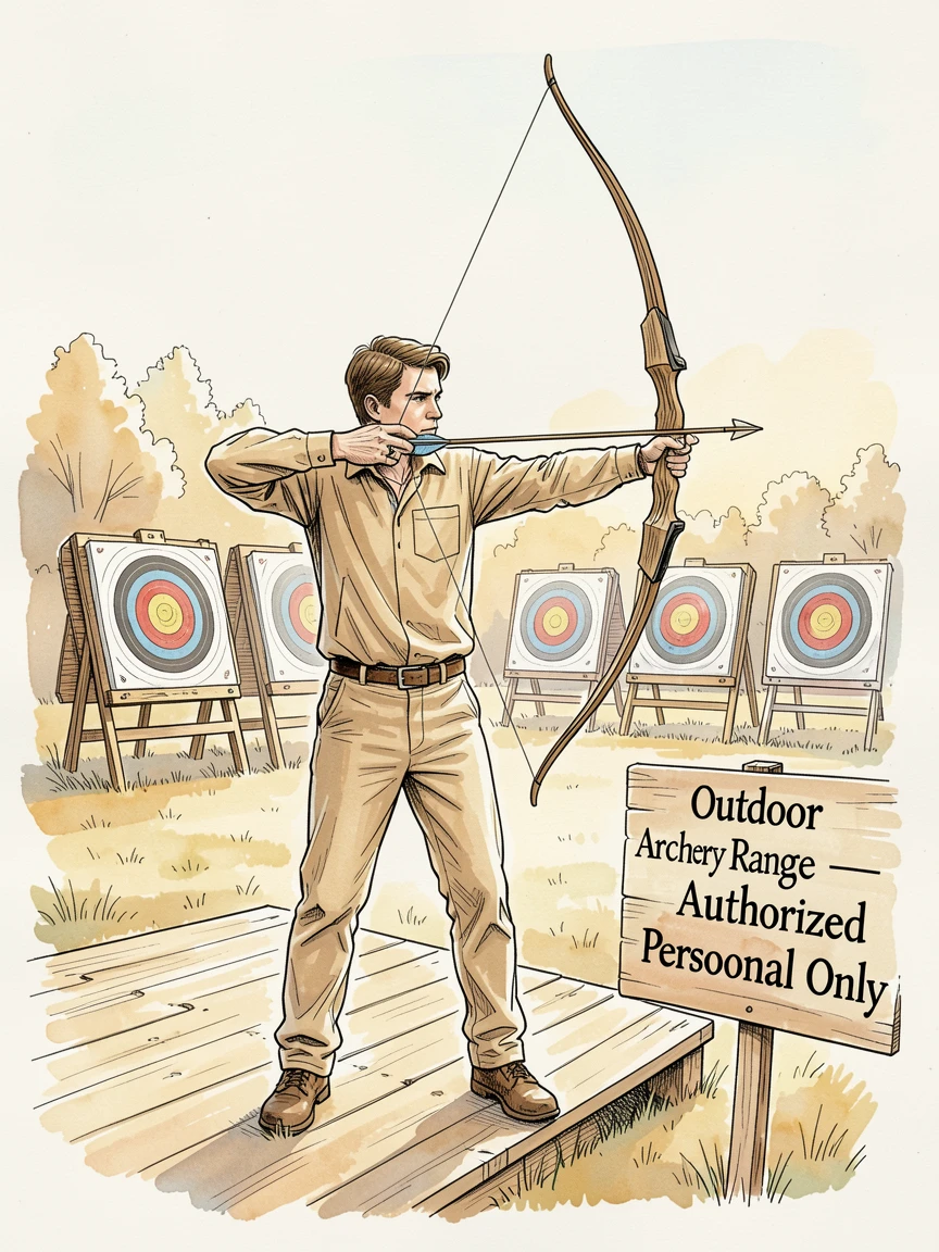 A archer drawing a bow at an outdoor range on a crisp morning, warm natural light illuminating the workspace.