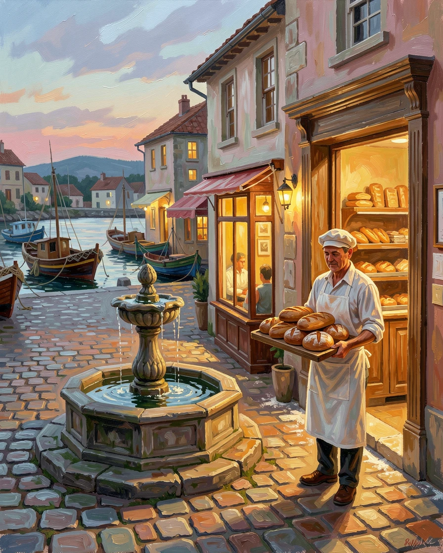 Beside a small harbor filled with fishing boats, a cobblestone village square with a central fountain, a baker carrying fresh bread from an open doorway, at dusk, warm light spilling from cafe windows.