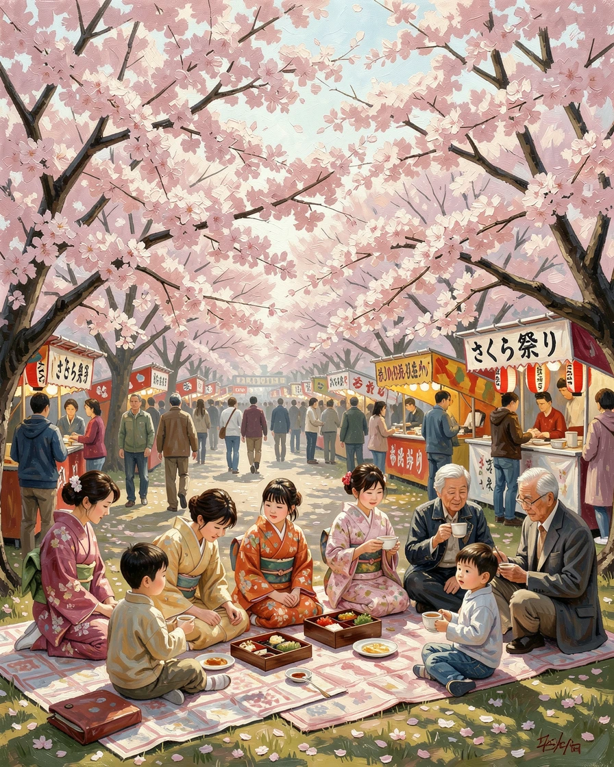 A traditional Japanese cherry blossom festival shows families picnicking beneath blooming sakura trees in a crowded Tokyo park, the scene capturing a fleeting, candid moment within a larger ongoing celebration.