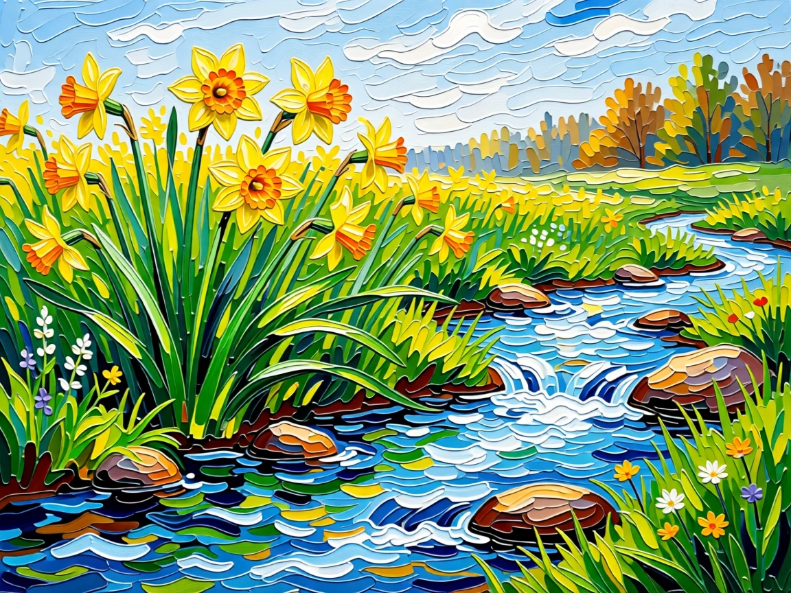 A meadow of wild daffodils swaying beside a babbling spring stream