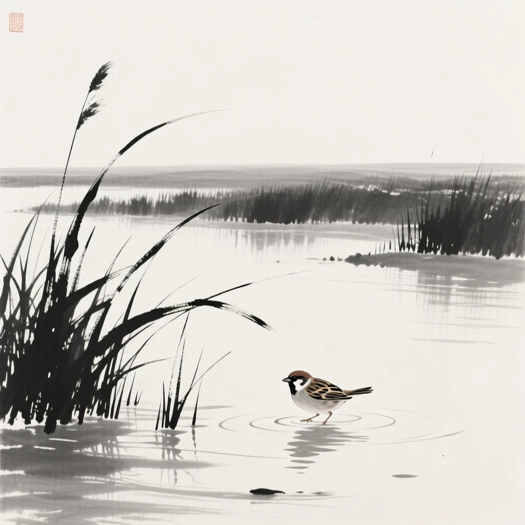 A small finch wading through shallow reeds along the edge of a reed-lined marsh, framed against a wide expanse of open sky, carrying a quiet, poetic stillness.