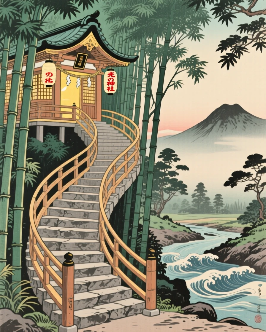 A spiral staircase winding toward a glowing temple, winding through an ancient bamboo forest.