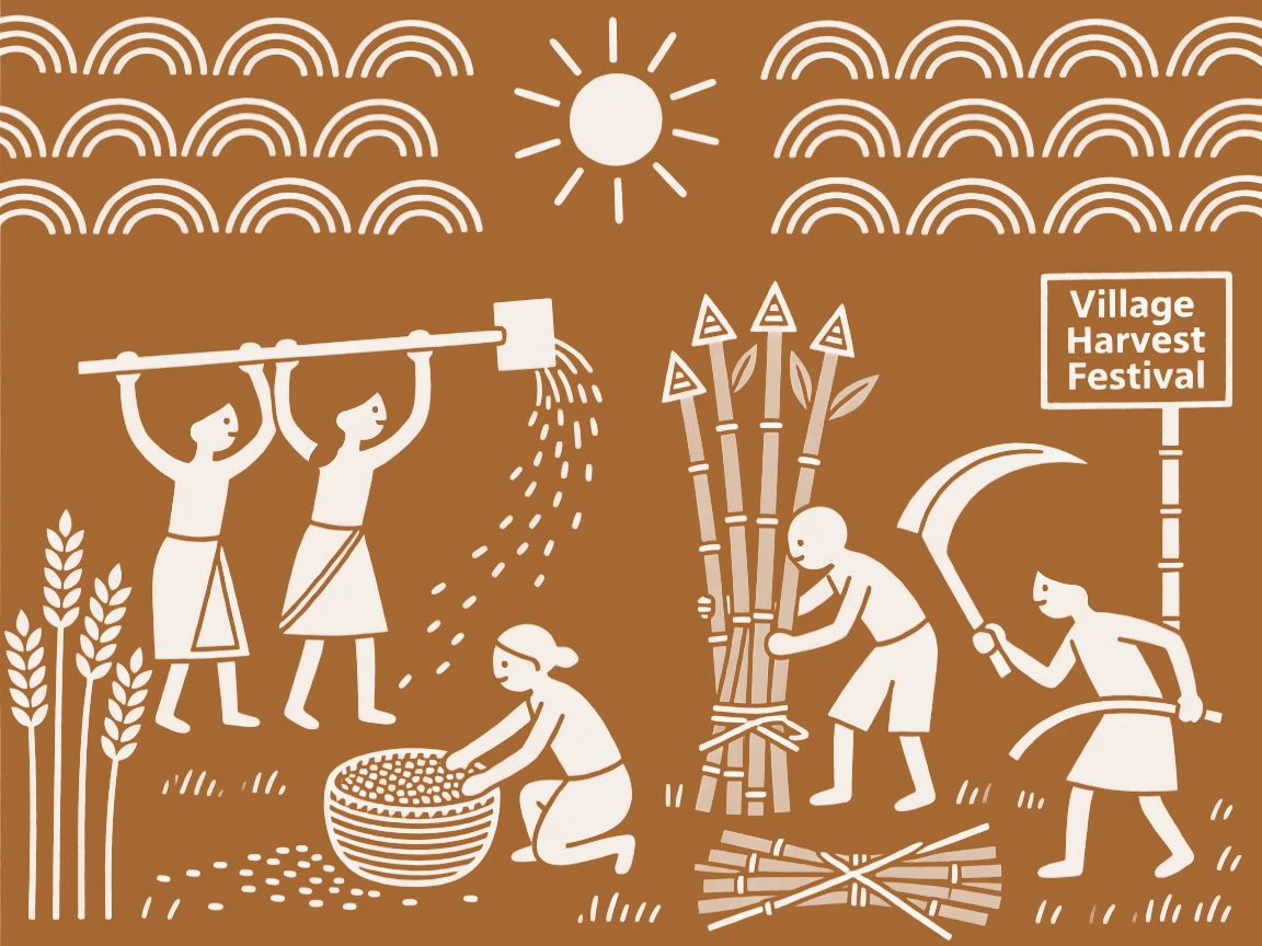 A family threshing wheat by hand harvesting sugarcane under a wide open sky.