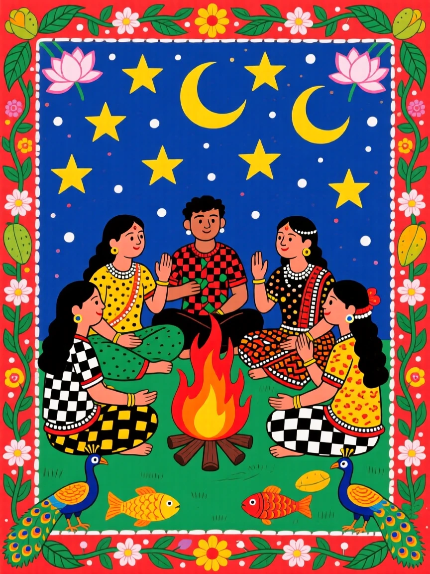 Friends gathering around a fire, sharing stories beneath the stars.