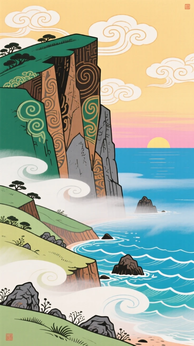 A coastal cliff, as morning mist rolls through the valley.