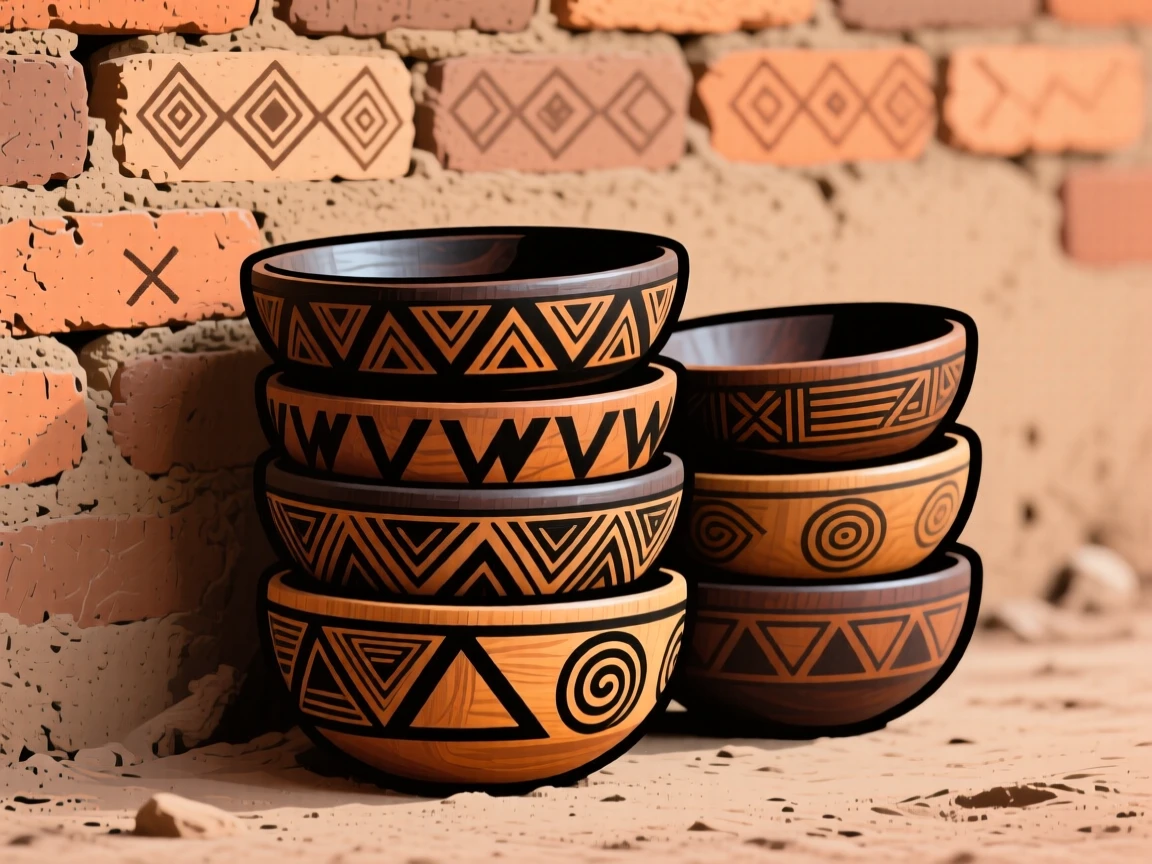 A set of hand-carved wooden bowls stacked beside a mud-brick wall.