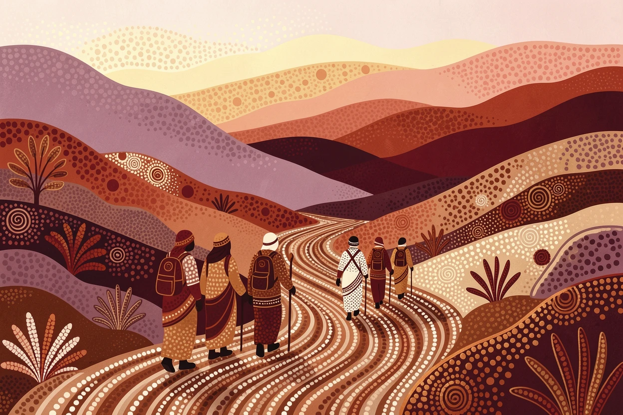 Pilgrims walking a mountain trail at dawn at sunset