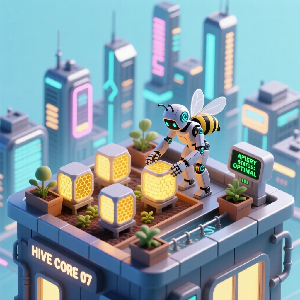 A robotic beekeeper tending glowing hives on a rooftop farm overlooking a sprawling futuristic metropolis.