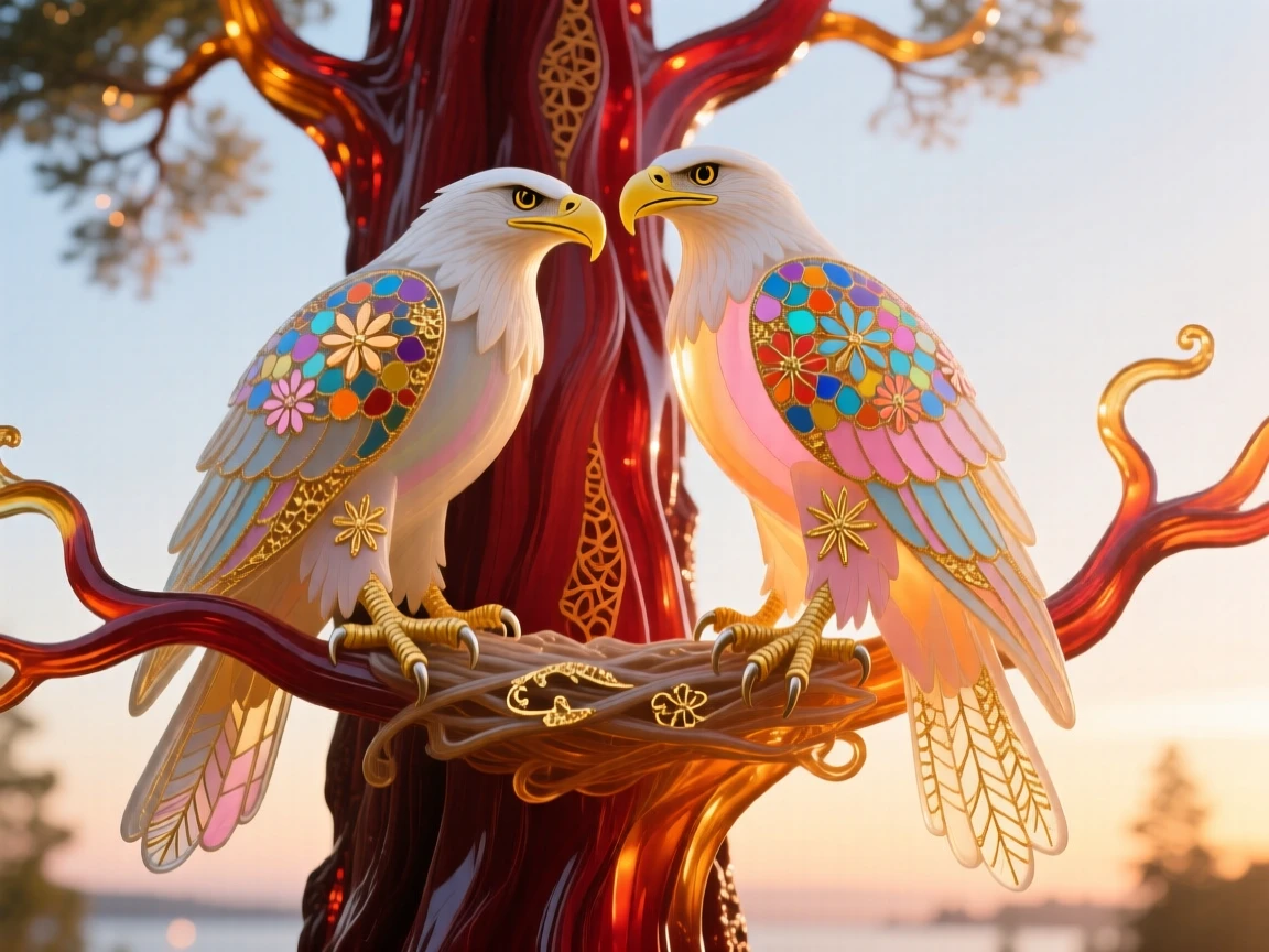 A pair of eagles nesting together atop a towering redwood at the crack of dawn, majestic and bonded.