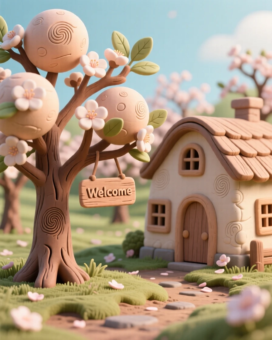 A springtime cherry orchard in full bloom beside a quiet farmhouse
