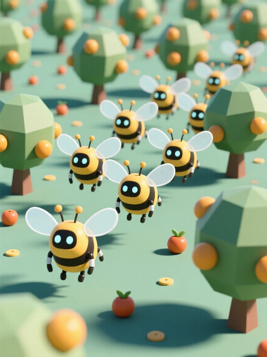 A determined robotic bee colony pollinates an entire orchard, tiny wings buzzing in perfect coordinated formation.