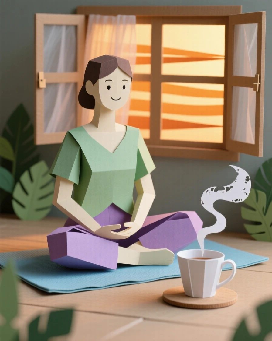 A peaceful morning yoga session glowing warmly in the evening, with steam rising gently from a warm drink, capturing simple everyday beauty.
