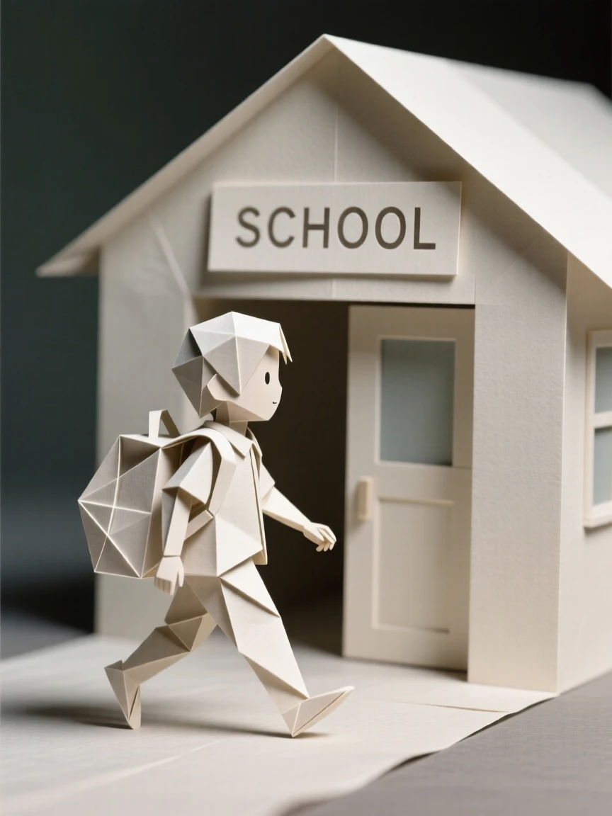 A young child confidently walking to school for the first time, backpack bouncing.