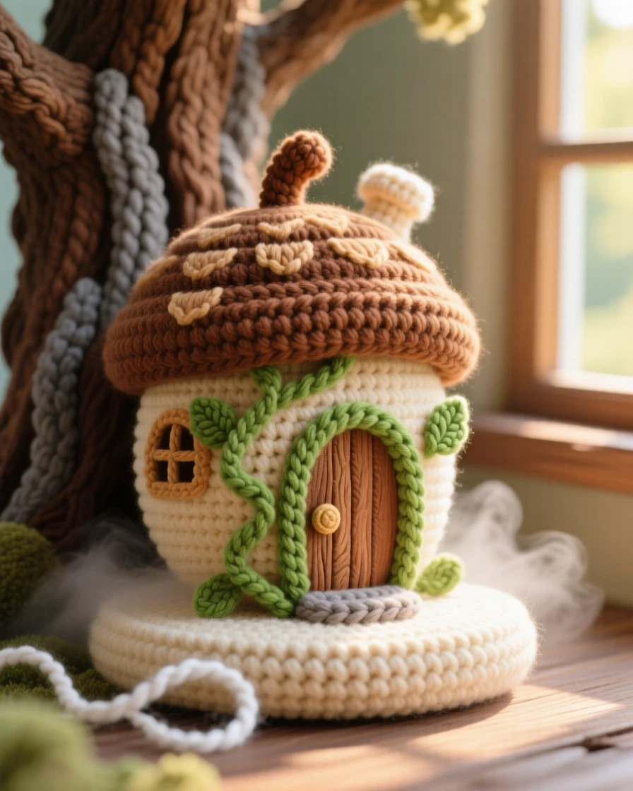 a tiny cottage built inside a giant acorn, with a curling vine for a doorframe, is shown nestled at the base of an ancient oak, resting on a warm sunlit windowsill, surrounded by a small ribbon of drifting mist, radiating gentle magical wonder.