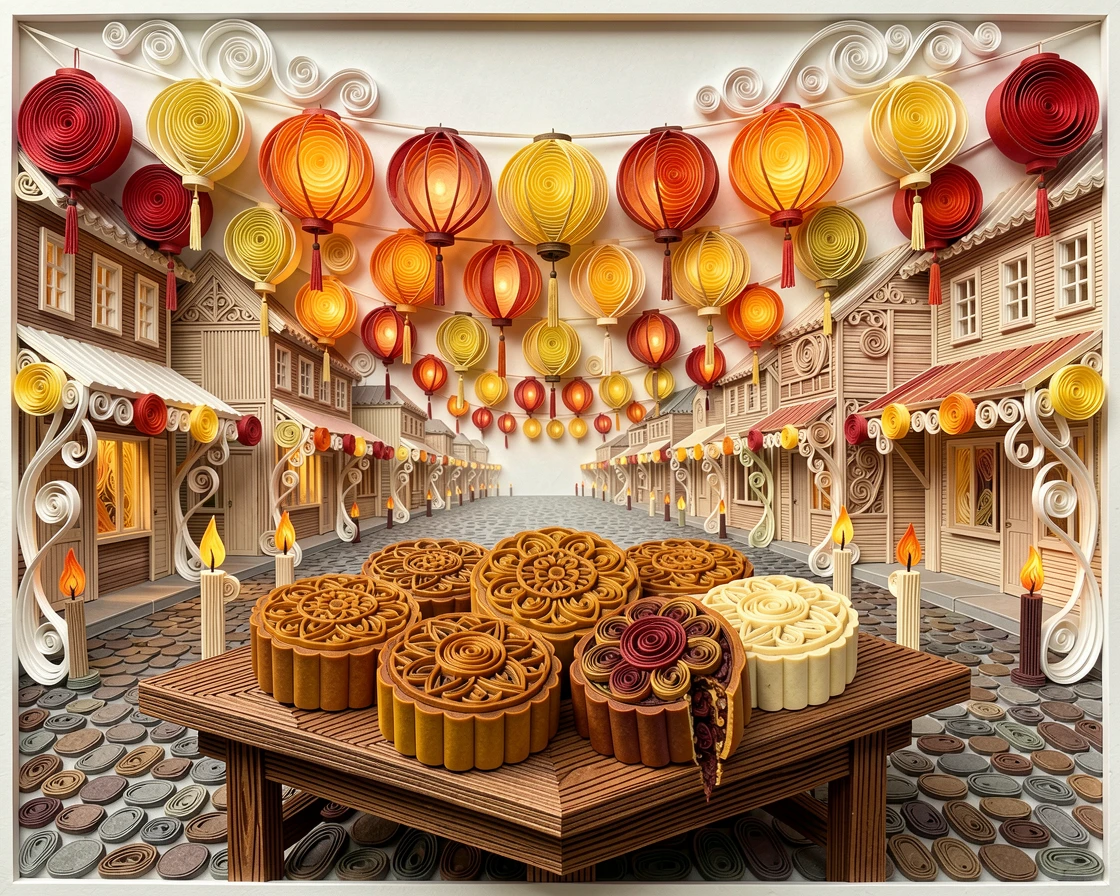 a Mid-Autumn Festival scene with glowing lanterns and mooncakes, in a town square strung with festive lights, framed by strings of glowing lanterns, with soft candlelight flickering throughout the scene.