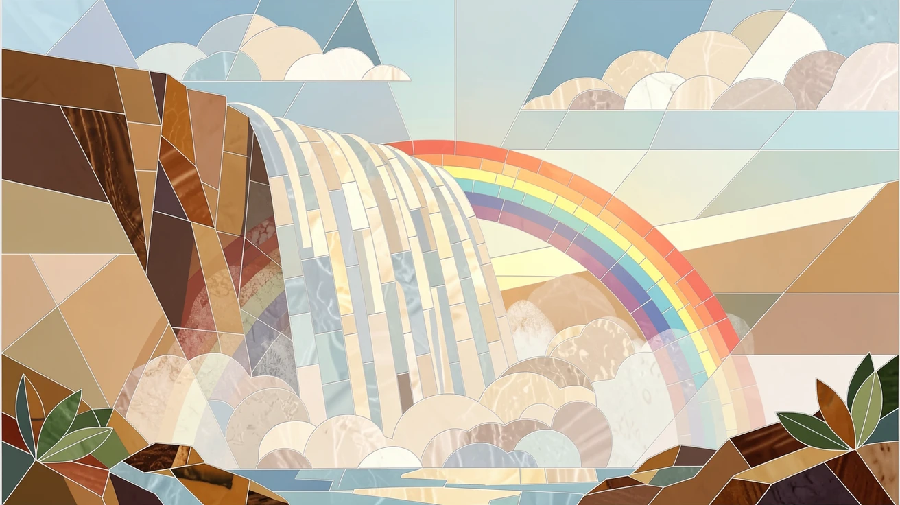 A majestic waterfall lit by a soft rainbow in the afternoon mist.