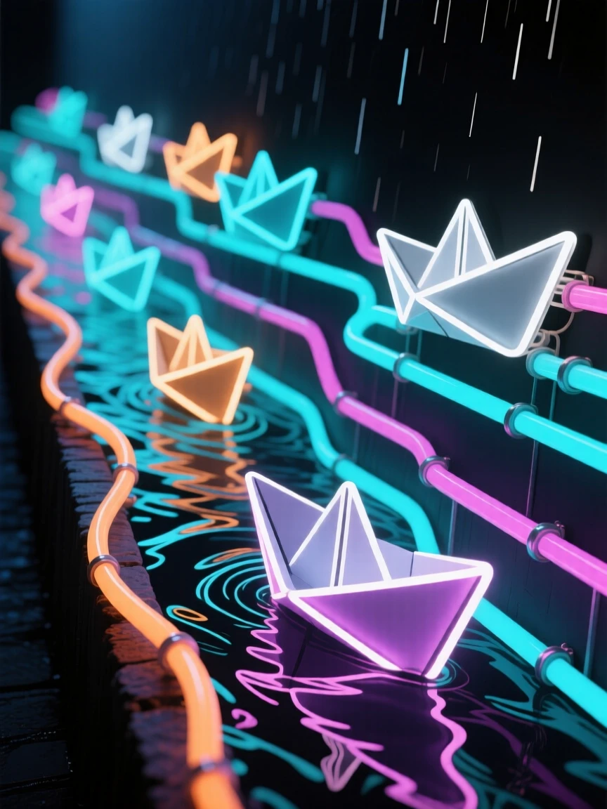 A fleet of paper boats drifting down a rain-swollen gutter.