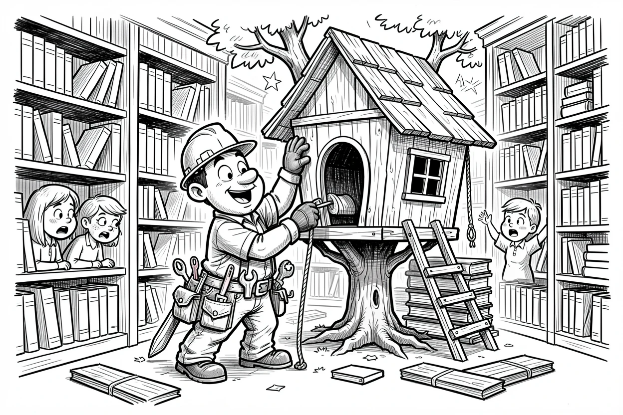 A construction worker building a treehouse in a quiet corner of a public library.