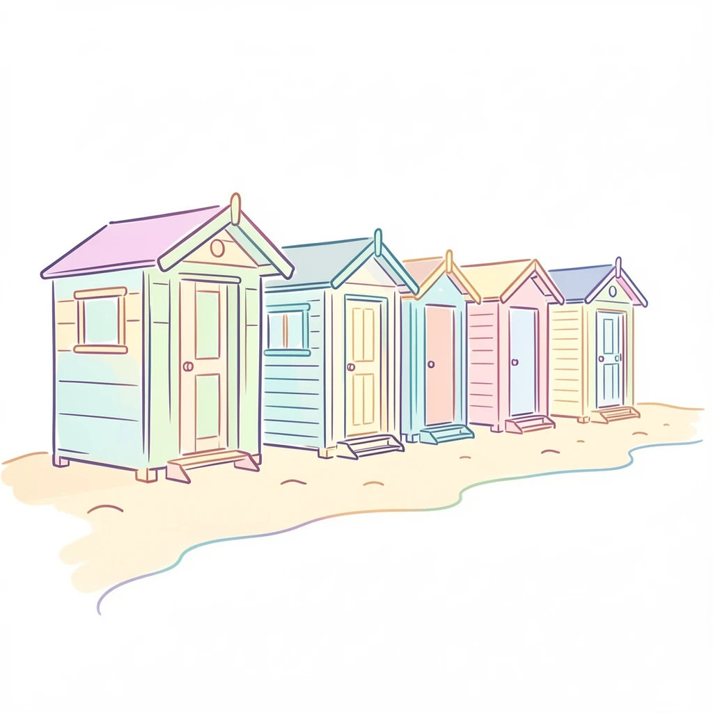 A row of pastel-colored beach huts lining a quiet stretch of sand.