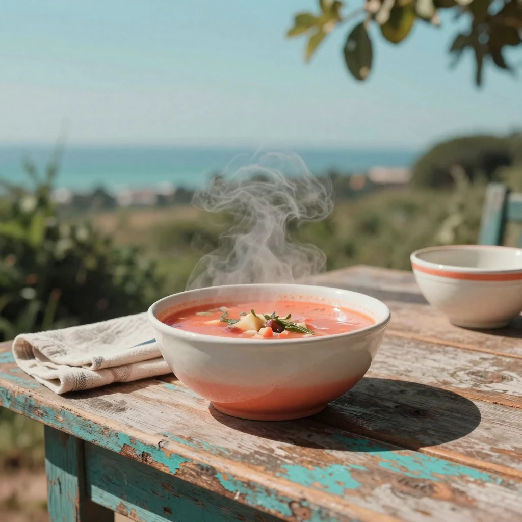 A steaming bowl of homemade soup on a rustic wooden table, under harsh midday sun, with a soft breeze stirring the air, in the height of summer, in vivid coral and turquoise hues, from behind, looking toward the horizon.