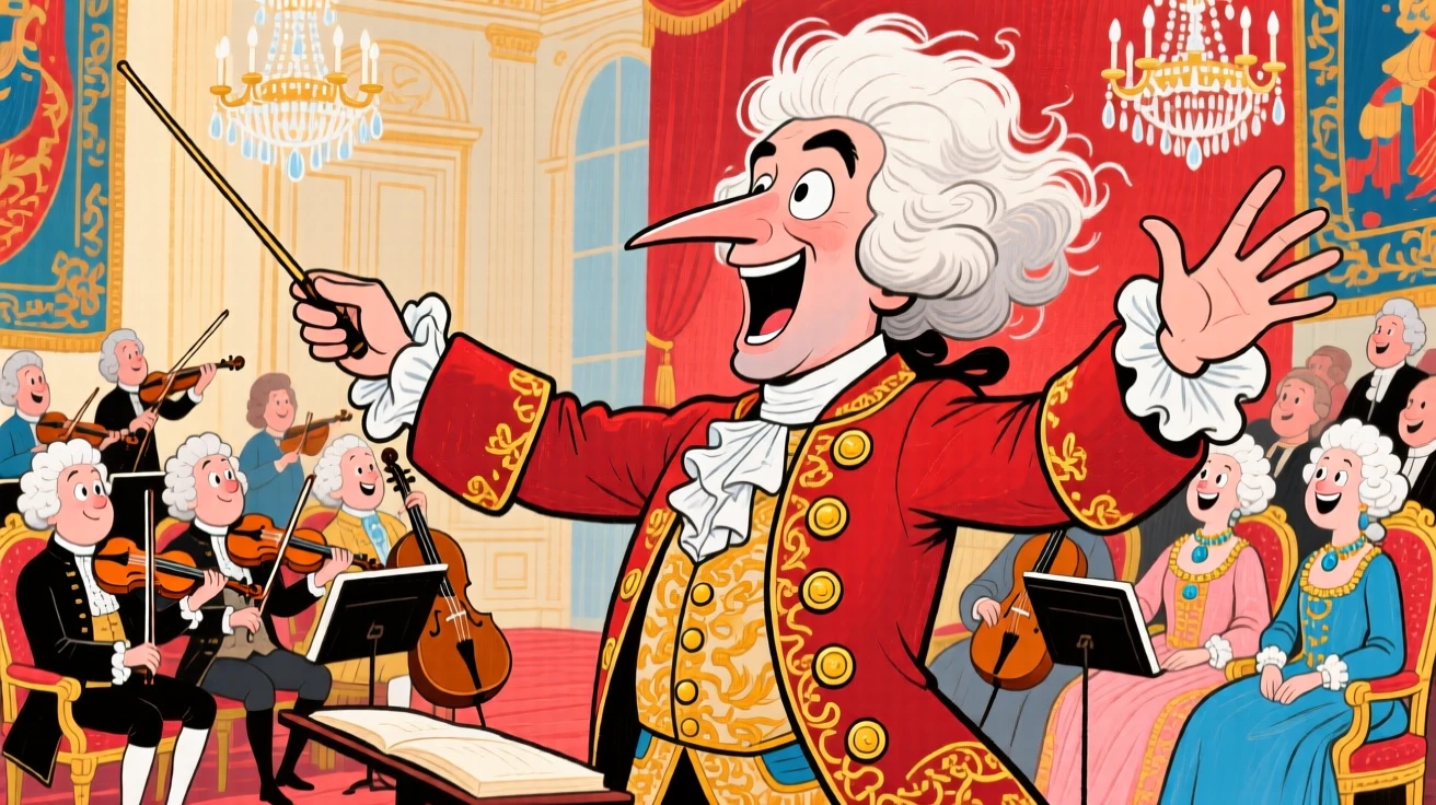 A royal court composer conducting an orchestra before an audience of nobles.