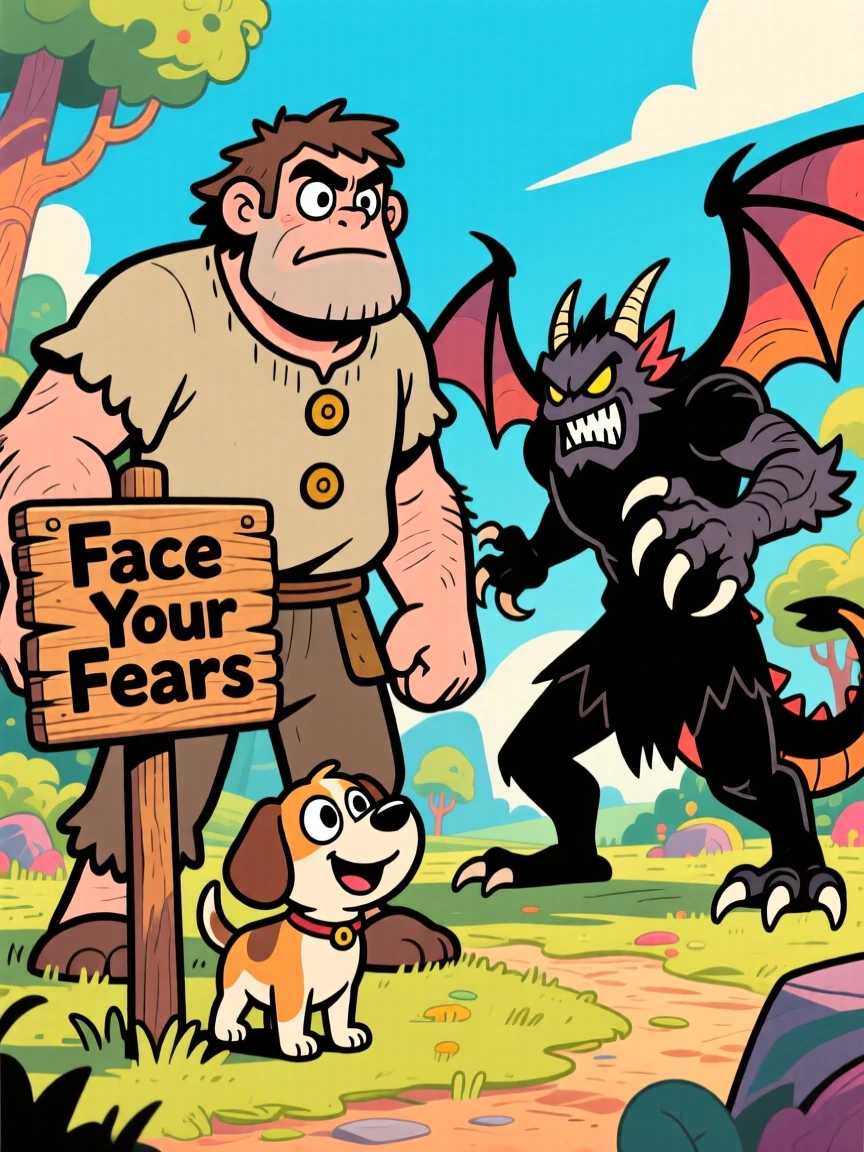 An imaginative fantasy scene of a friendly giant facing down a mighty foe with fearless determination, with a loyal companion creature close behind.