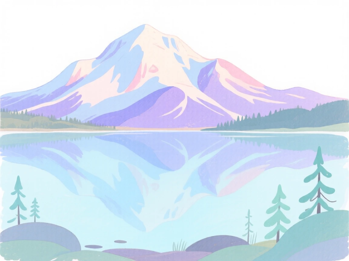 A serene landscape of a snow-capped mountain reflected in a still alpine lake in soft morning light