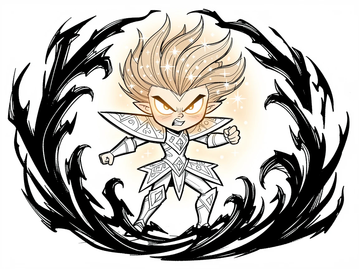 [Fantasy & Imaginative Scenarios] Imaginative fantasy scene of a radiant celestial guardian battling a swirling storm of dark magic, brimming with wonder