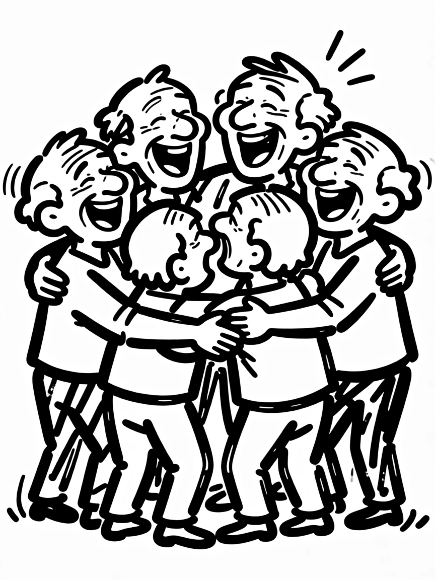 A group of old friends reuniting after years apart, group hug and huge smiles.