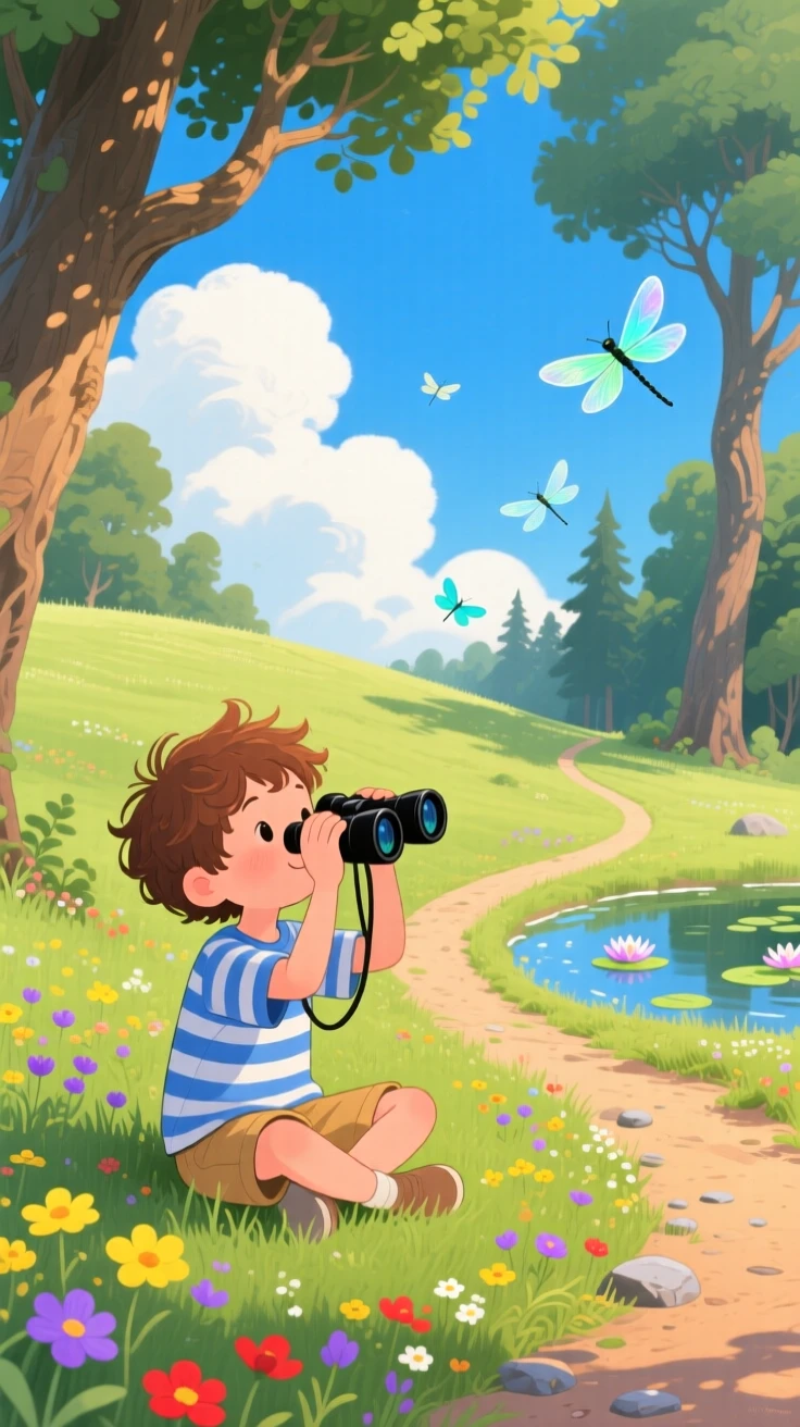 In a winding forest path, a boy with binoculars is watching clouds drift by from a hilltop meadow, while dragonflies dart above the water.