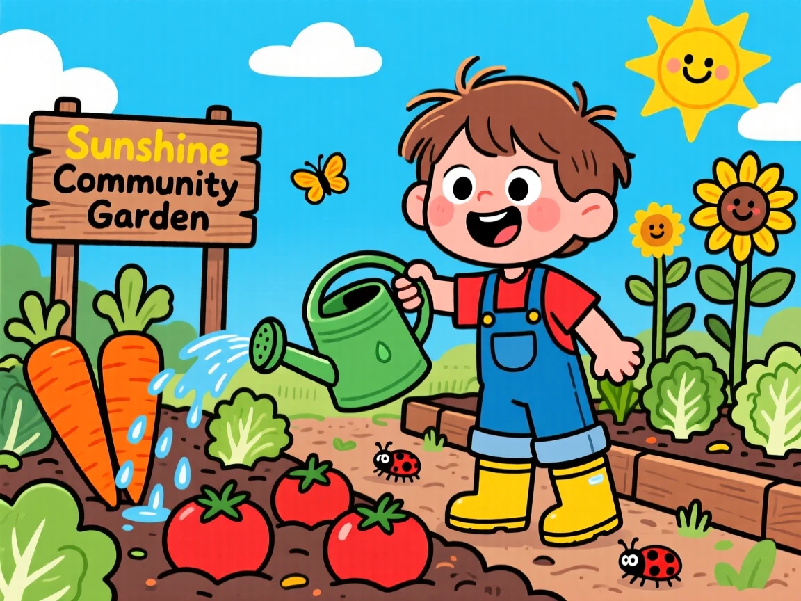 A child watering rows of vegetables in a community garden.